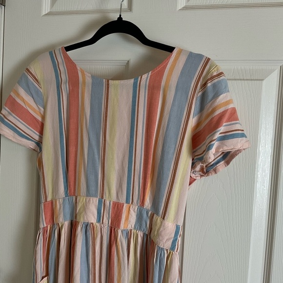 ANA Striped Open Back Dress Women's M Retro Pockets Linen Blend - Picture 4 of 13